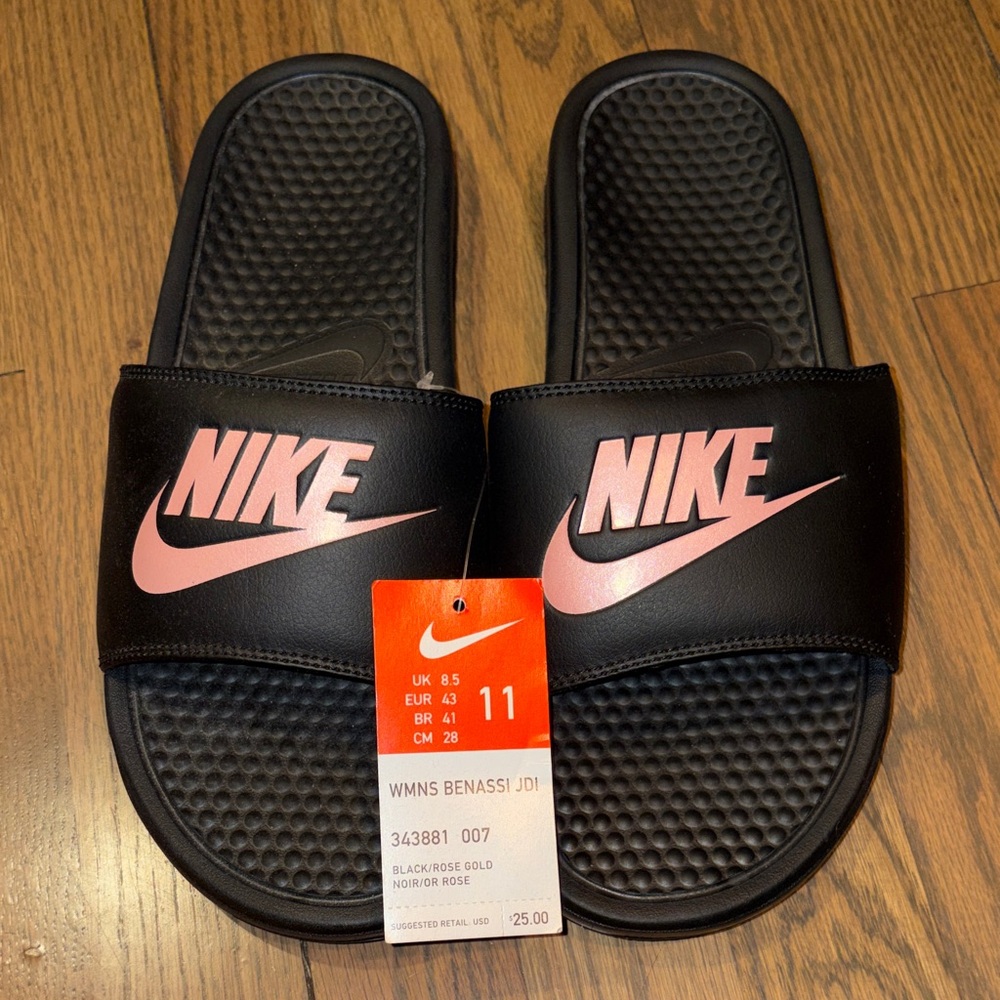 Nike Black Slides with Rose Gold Logo